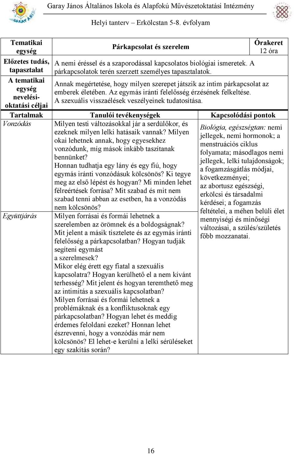 12 óra Annak megértetése, hogy milyen szerepet játszik az intim párkapcsolat az emberek életében. Az egymás iránti felelősség érzésének felkeltése. A szexuális visszaélések veszélyeinek tudatosítása.