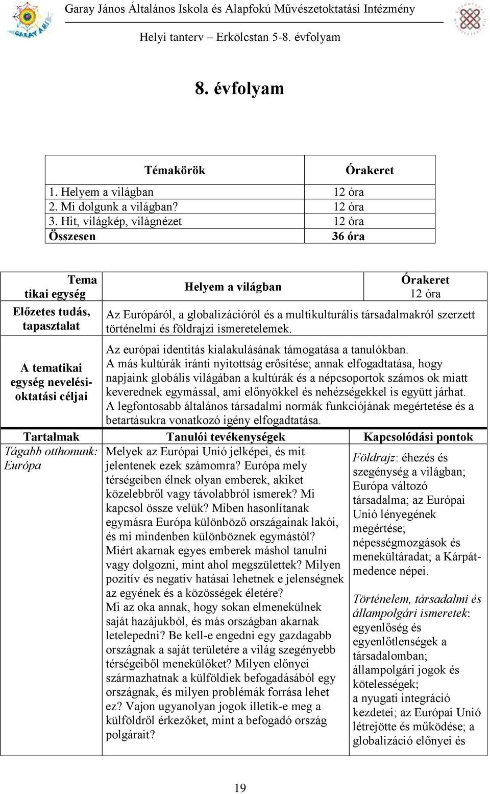 történelmi és földrajzi ismeretelemek. Az európai identitás kialakulásának támogatása a tanulókban.