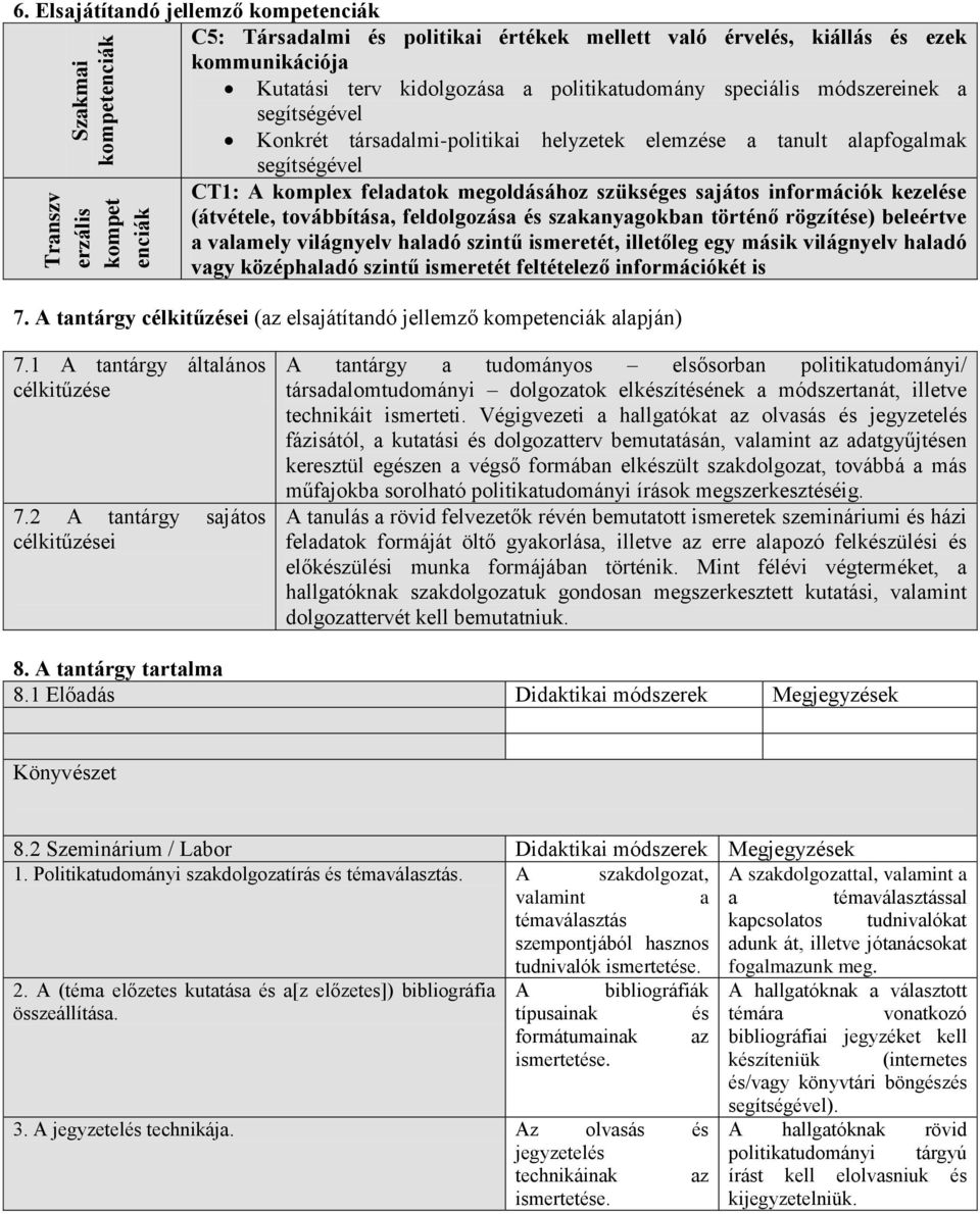 segítségével Konkrét társadalmi-politikai helyzetek elemzése a tanult alapfogalmak segítségével CT1: A komplex feladatok megoldásához szükséges sajátos információk kezelése (átvétele, továbbítása,