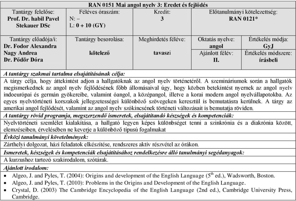 A szemináriumok során a hallgatók megismerkednek az nyelv fejlődésének főbb állomásaival úgy, hogy közben betekintést nyernek az nyelv indoeurópai és germán gyökereibe, valamint ó, a közép, illetve a