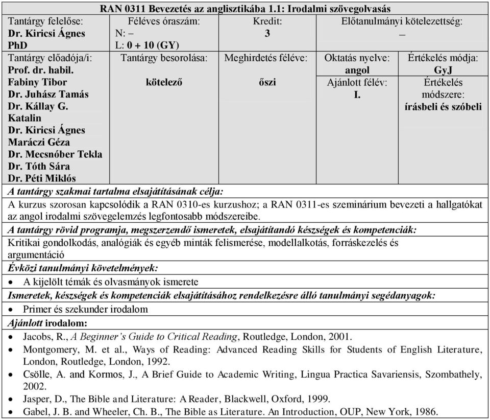 Értékelés módszere: és szóbeli A kurzus szorosan kapcsolódik a RAN 0310-es kurzushoz; a RAN 0311-es szeminárium bevezeti a hallgatókat az irodalmi szövegelemzés legfontosabb módszereibe.