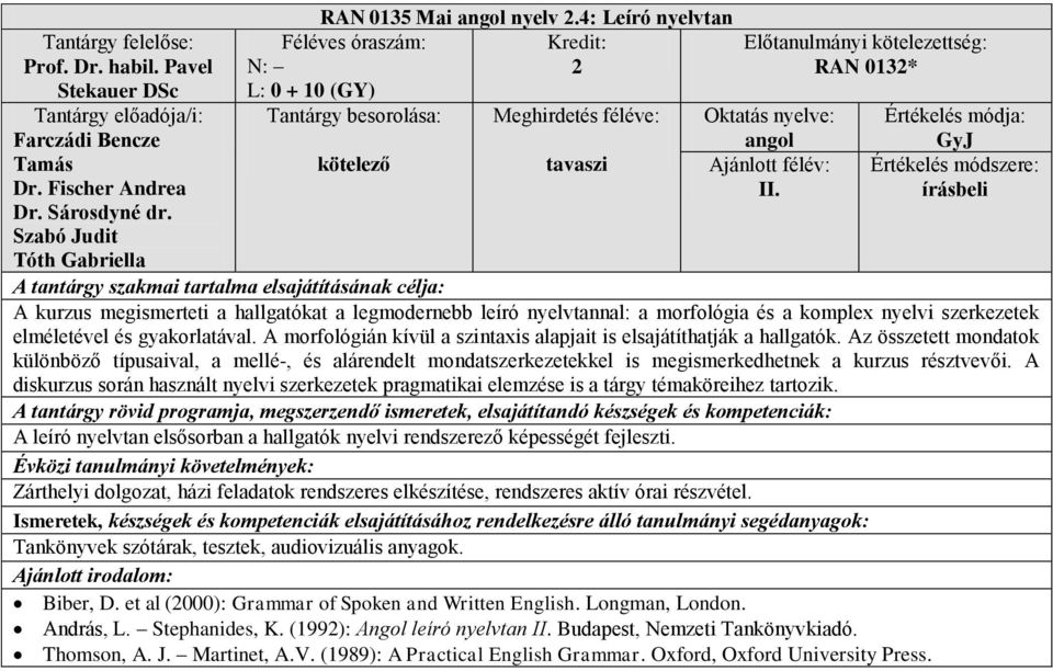 A morfológián kívül a szintaxis alapjait is elsajátíthatják a hallgatók.