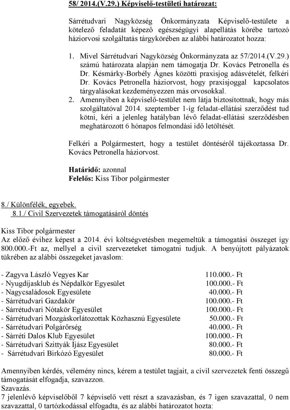 alábbi határozatot hozza: 1. Mivel Sárrétudvari Nagyközség Önkormányzata az 57/2014.(V.29.) számú határozata alapján nem támogatja Dr. Kovács Petronella és Dr.