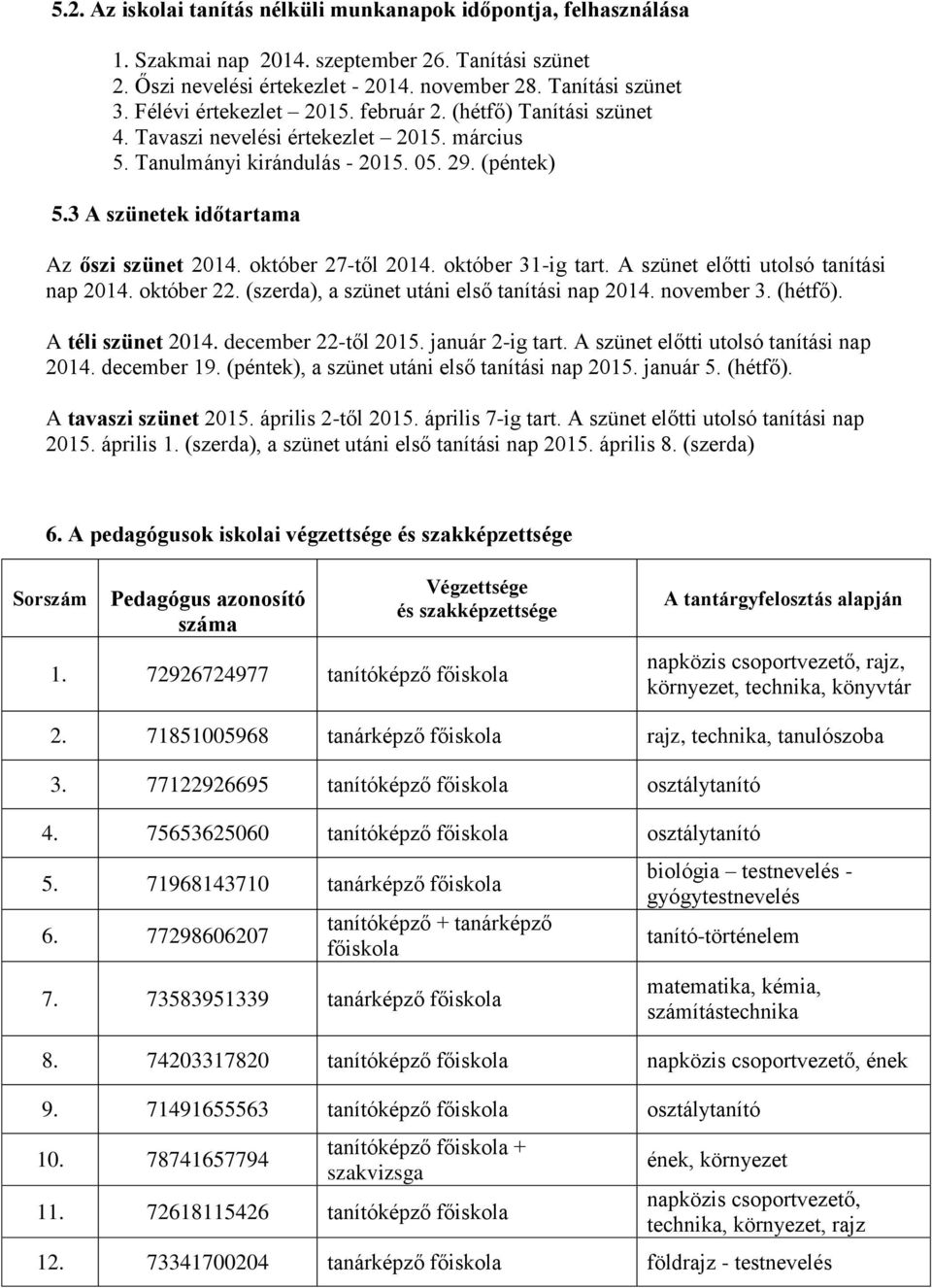 október 27-től 2014. október 31-ig tart. A szünet előtti utolsó tanítási nap 2014. október 22. (szerda), a szünet utáni első tanítási nap 2014. november 3. (hétfő). A téli szünet 2014.