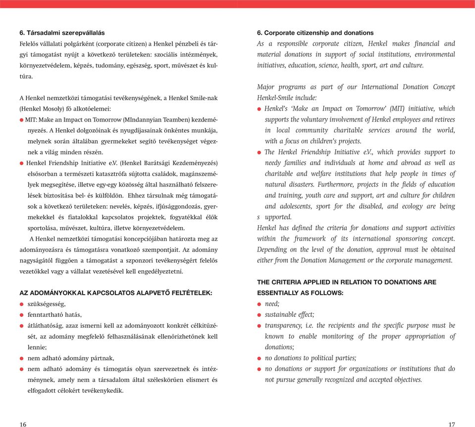 A Henkel nemzetközi támogatási tevékenységének, a Henkel Smile-nak (Henkel Mosoly) fô alkotóelemei: MIT: Make an Impact on Tomorrow (MIndannyian Teamben) kezdeményezés.