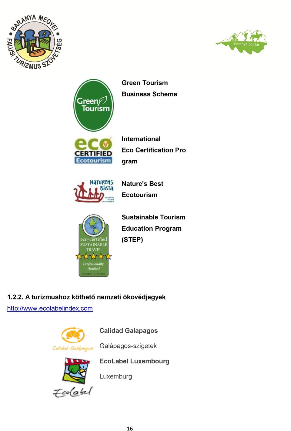 2.2. A turizmushoz köthető nemzeti ökovédjegyek http://www.ecolabelindex.