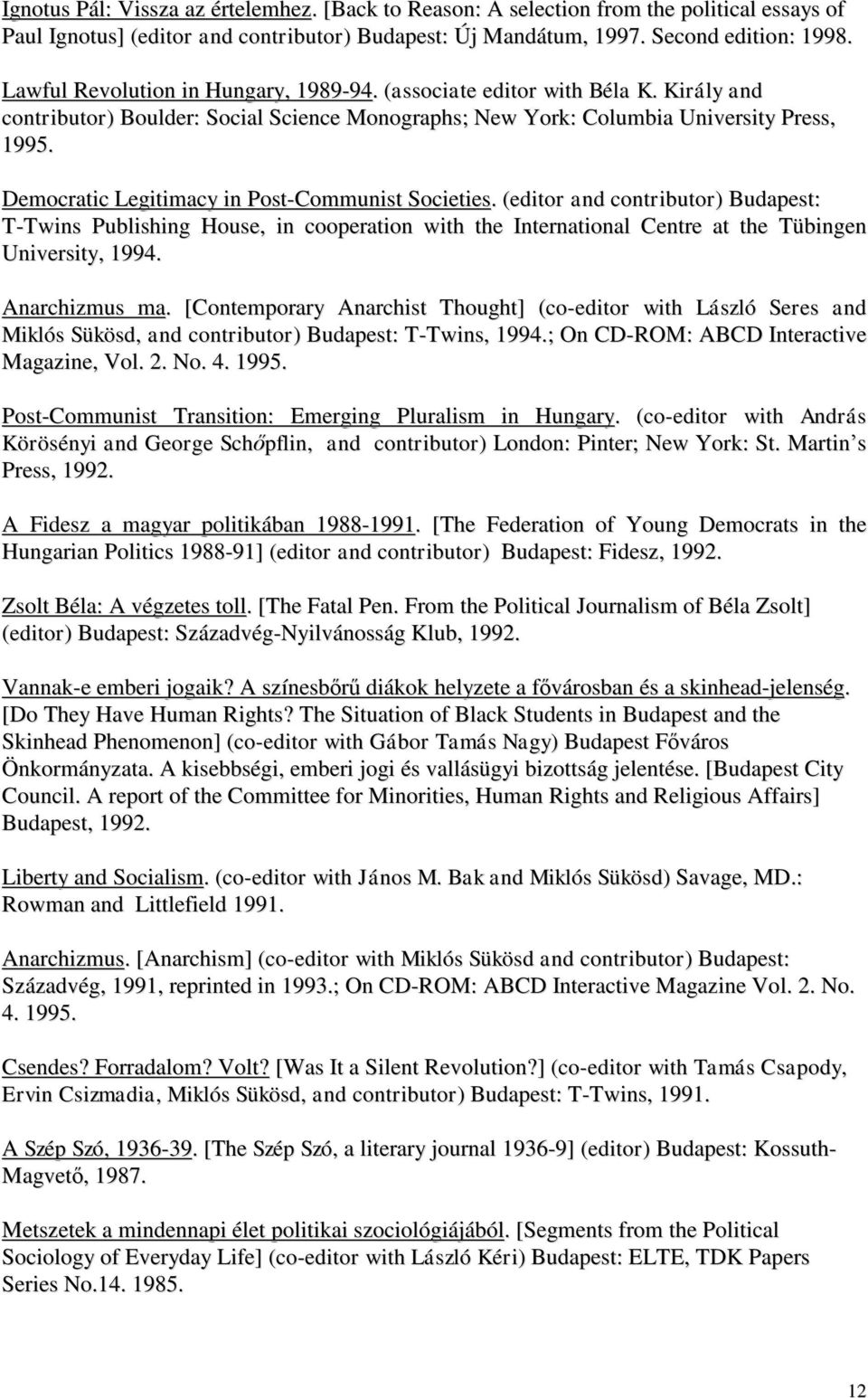 Democratic Legitimacy in Post-Communist Societies. (editor and contributor) Budapest: T-Twins Publishing House, in cooperation with the International Centre at the Tübingen University, 1994.