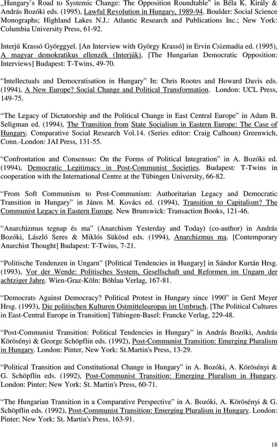 (1995), A magyar demokratikus ellenzék (Interjúk). [The Hungarian Democratic Opposition: Interviews] Budapest: T-Twins, 49-70.