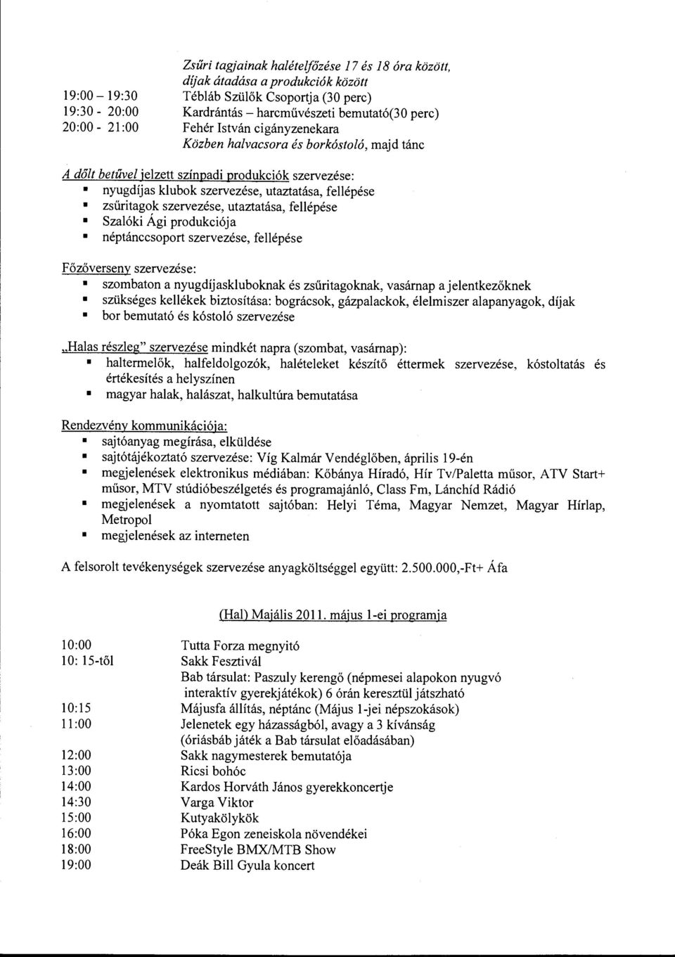 utaztatása, fellépése Szalóki Ági produkciója néptánccsoport szervezése, fellépése Főzőverseny szervezése: szombaton a nyugdíjaskluboknak és zsűritagoknak, vasárnap a jelentkezőknek szükséges