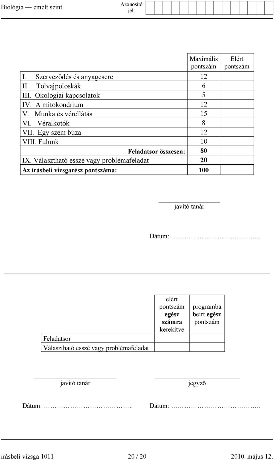 Választható esszé vagy problémafeladat 20 Az írásbeli vizsgarész pontszáma: 100 Elért pontszám javító tanár Dátum:.