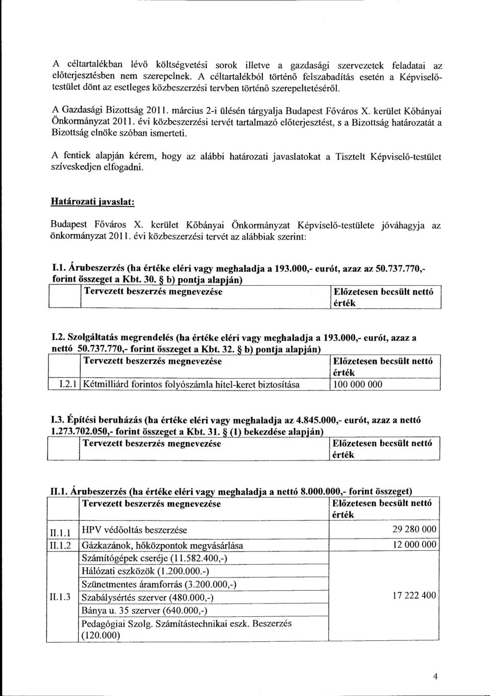 március 2-i ülésén tárgyalja Budapest Főváros X. kerület Kőbányai Önkormányzat 2011. évi közbeszerzési tervét tartalmazó előterjesztést, sa Bizottság határozatát a Bizottság elnöke szóban ismerteti.