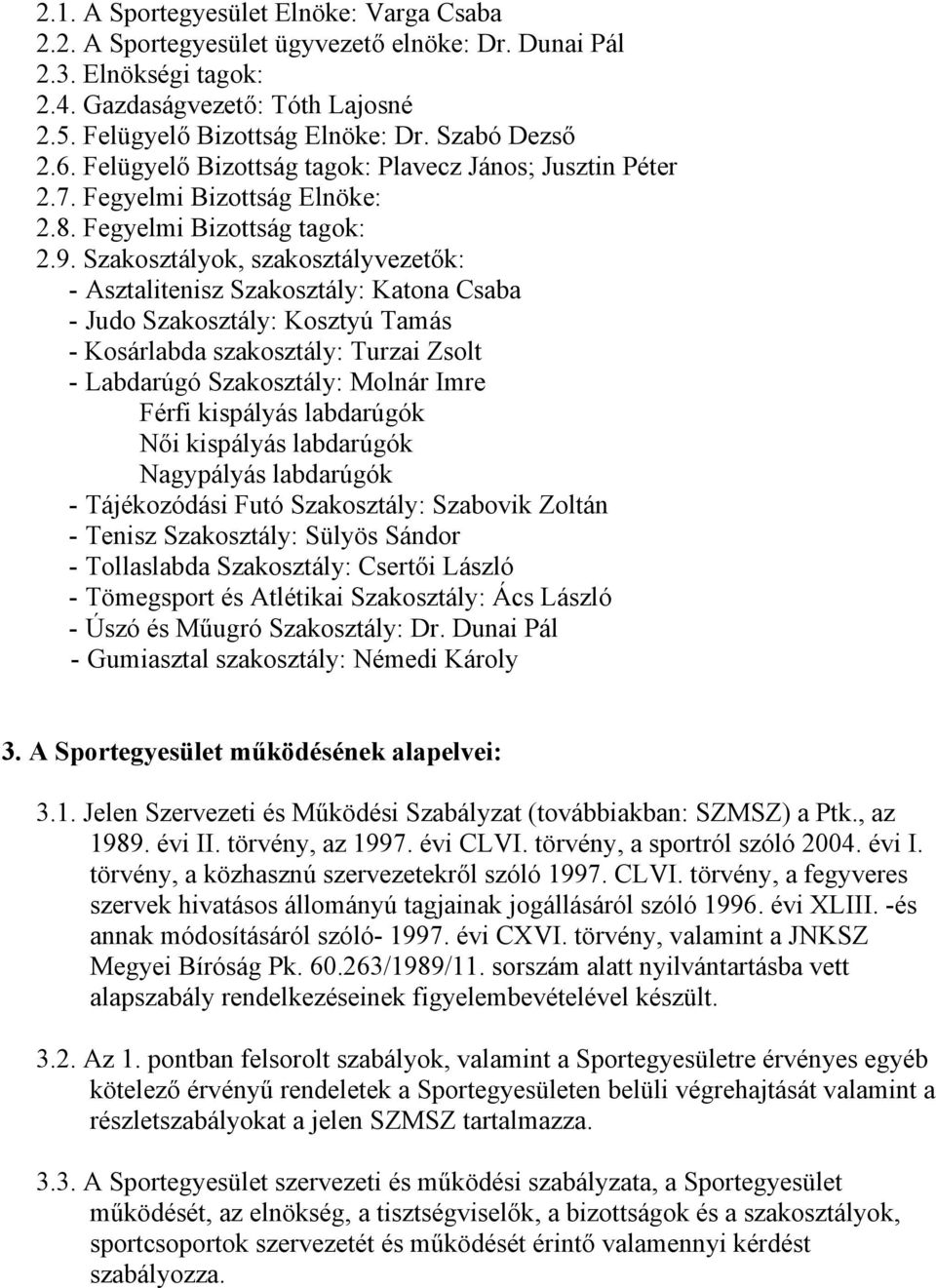 Szakosztályok, szakosztályvezetők: - Asztalitenisz Szakosztály: Katona Csaba - Judo Szakosztály: Kosztyú Tamás - Kosárlabda szakosztály: Turzai Zsolt - Labdarúgó Szakosztály: Molnár Imre Férfi