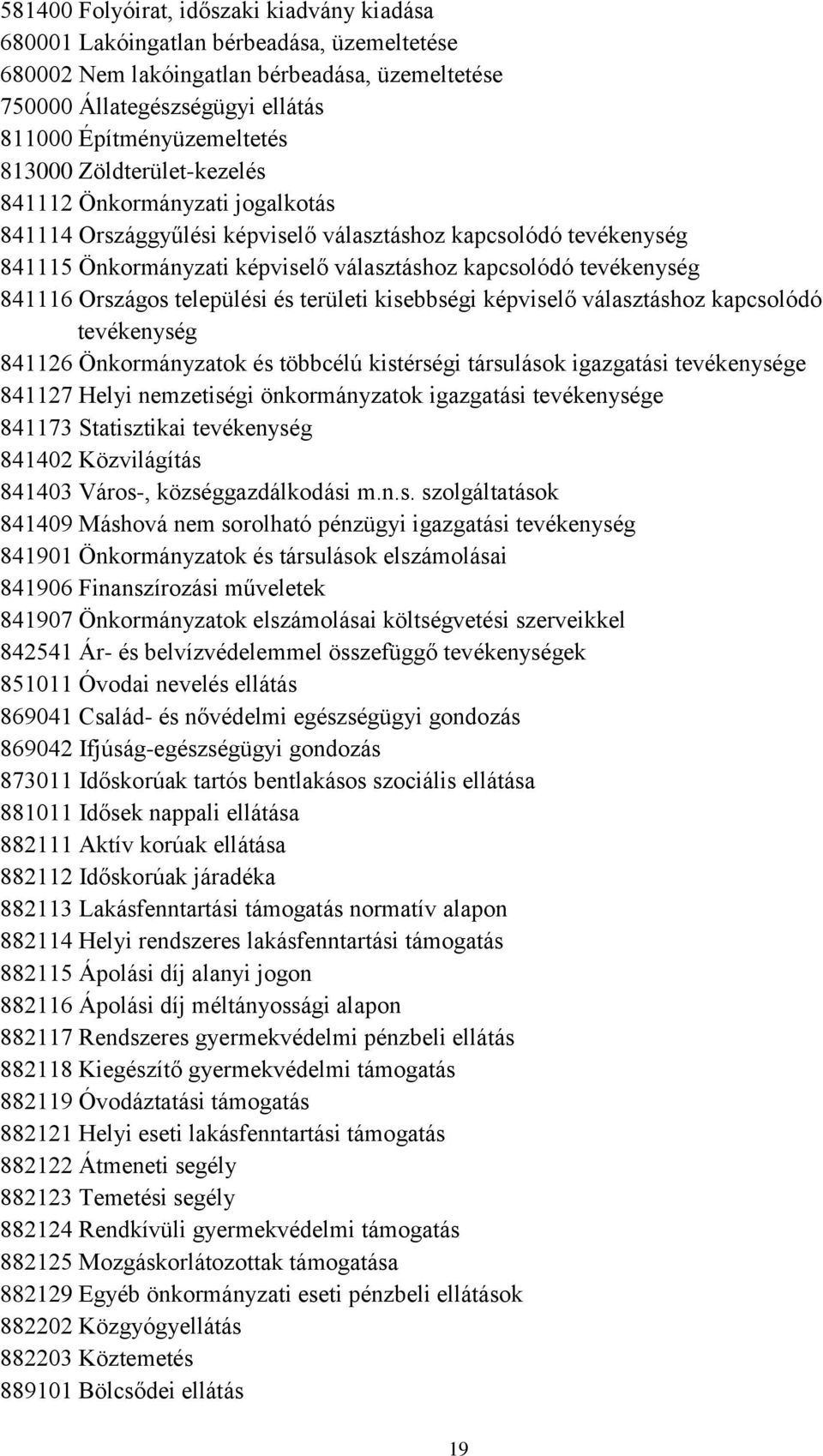 Országos települési és területi kisebbségi képviselő választáshoz kapcsolódó tevékenység 841126 Önkormányzatok és többcélú kistérségi társulások igazgatási tevékenysége 841127 Helyi nemzetiségi