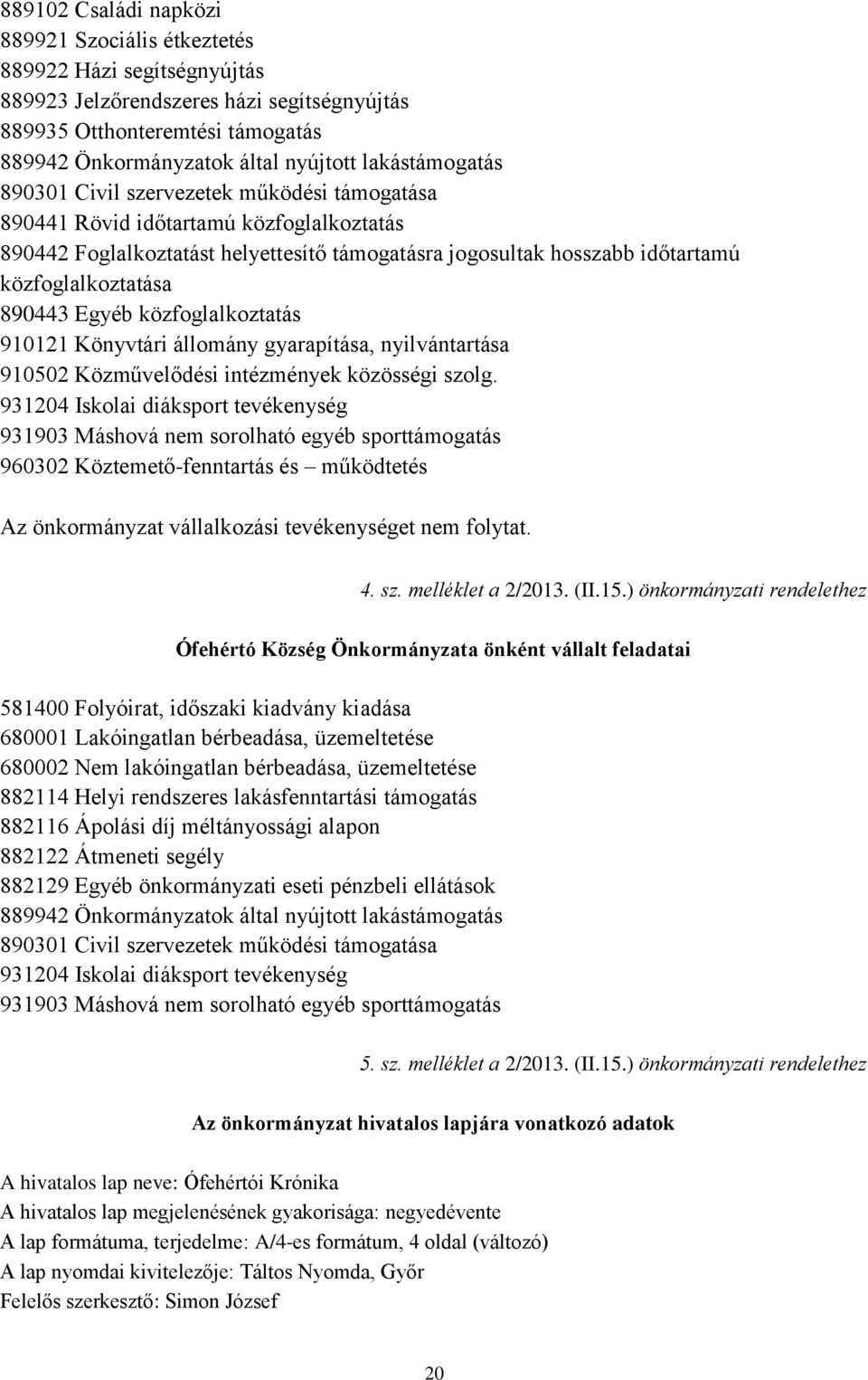 890443 Egyéb közfoglalkoztatás 910121 Könyvtári állomány gyarapítása, nyilvántartása 910502 Közművelődési intézmények közösségi szolg.