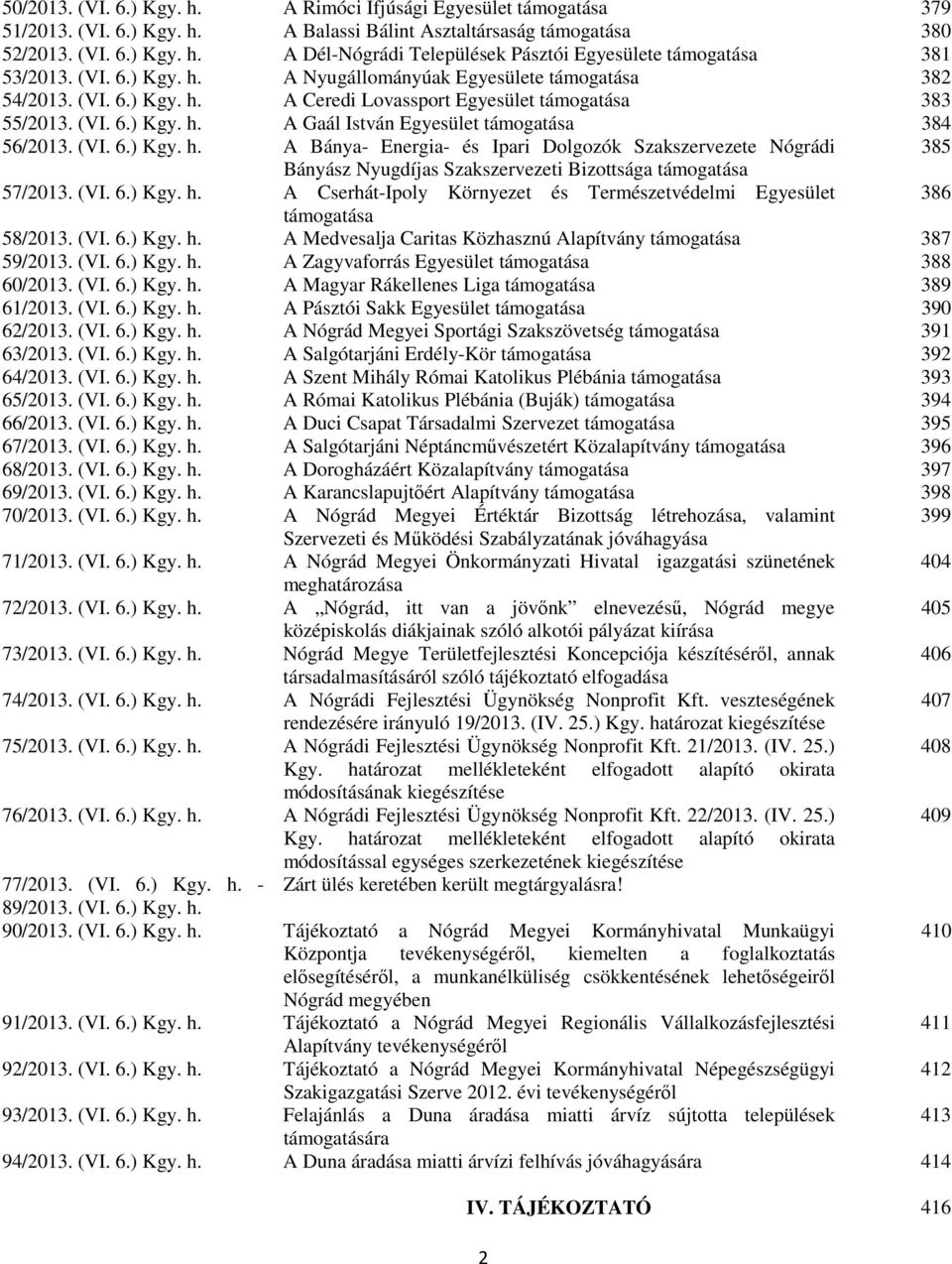 (VI. 6.) Kgy. h. A Bánya- Energia- és Ipari Dolgozók Szakszervezete Nógrádi 385 Bányász Nyugdíjas Szakszervezeti Bizottsága támogatása 57/2013. (VI. 6.) Kgy. h. A Cserhát-Ipoly Környezet és Természetvédelmi Egyesület 386 támogatása 58/2013.