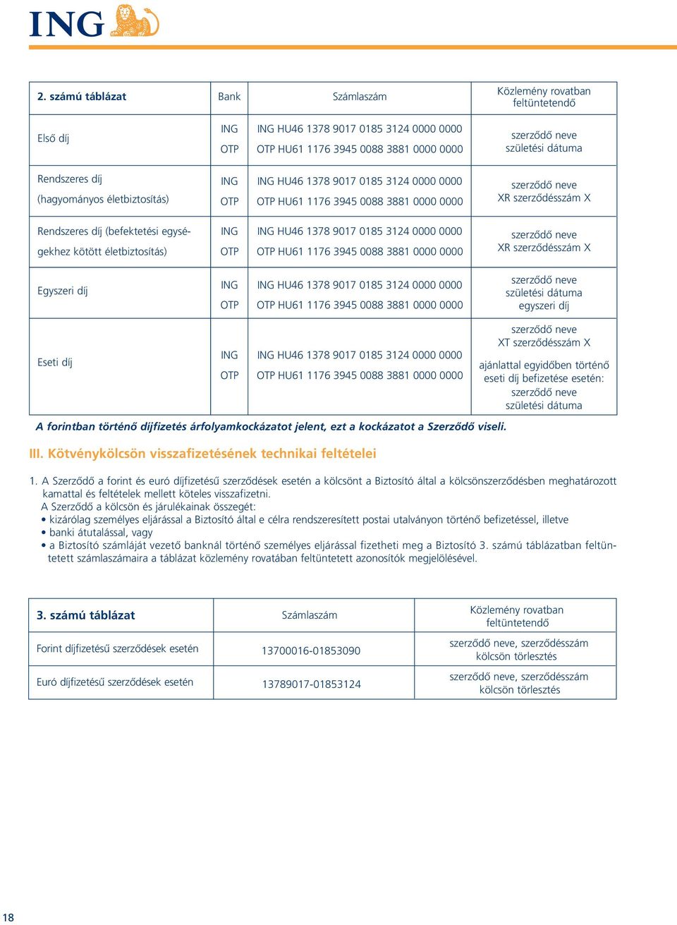 ING OTP ING HU46 1378 9017 0185 3124 0000 0000 OTP HU61 1176 3945 0088 3881 0000 0000 XR szerzôdésszám X Egyszeri díj ING OTP ING HU46 1378 9017 0185 3124 0000 0000 OTP HU61 1176 3945 0088 3881 0000