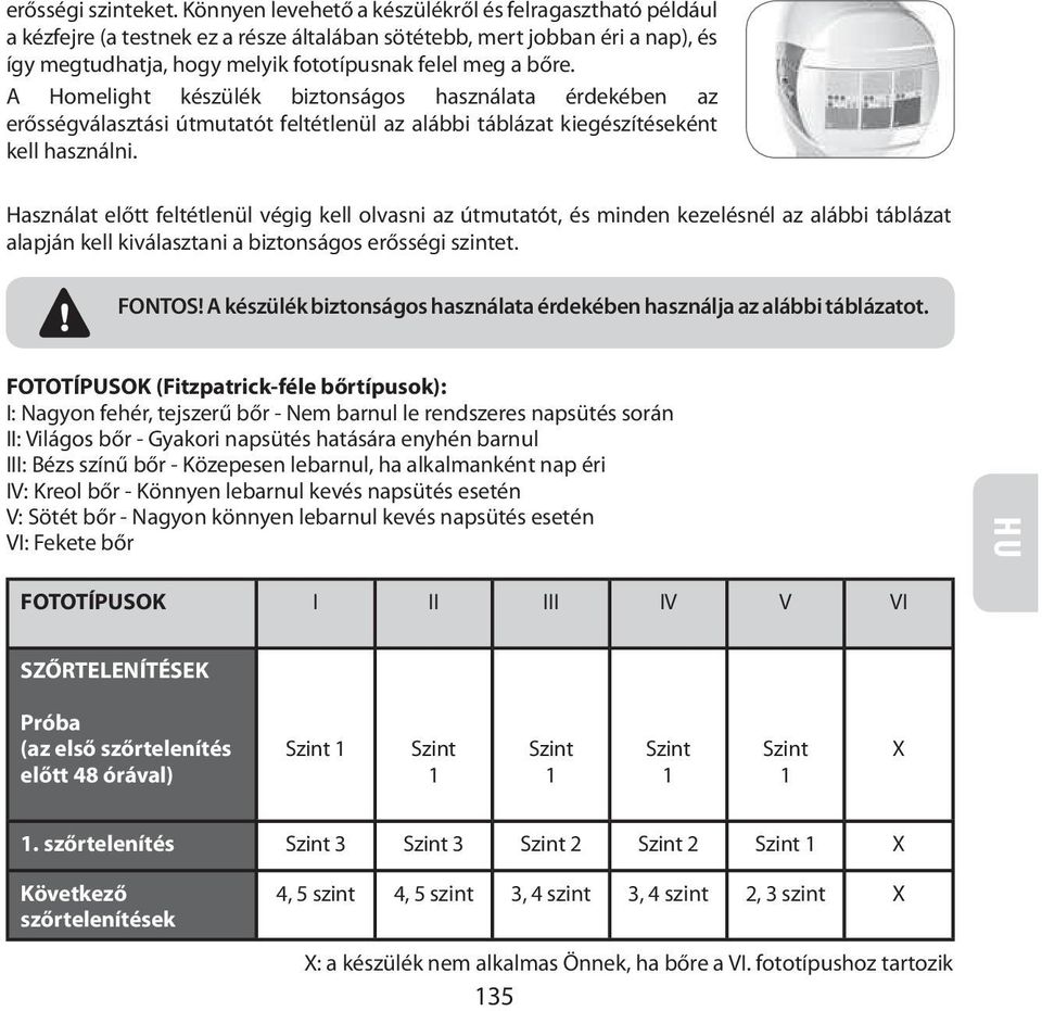 A Homelight készülék biztonságos használata érdekében az erősségválasztási útmutatót feltétlenül az alábbi táblázat kiegészítéseként kell használni.