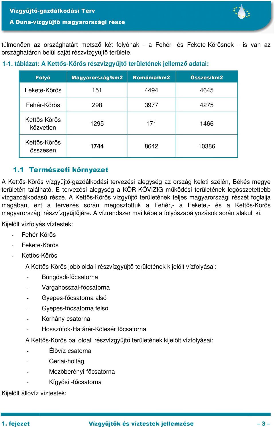 Kettıs-Körös összesen 1295 171 1466 1744 8642 10386 1.1 Természeti környezet A Kettıs-Körös vízgyőjtı-gazdálkodási tervezési alegység az ország keleti szélén, Békés megye területén található.