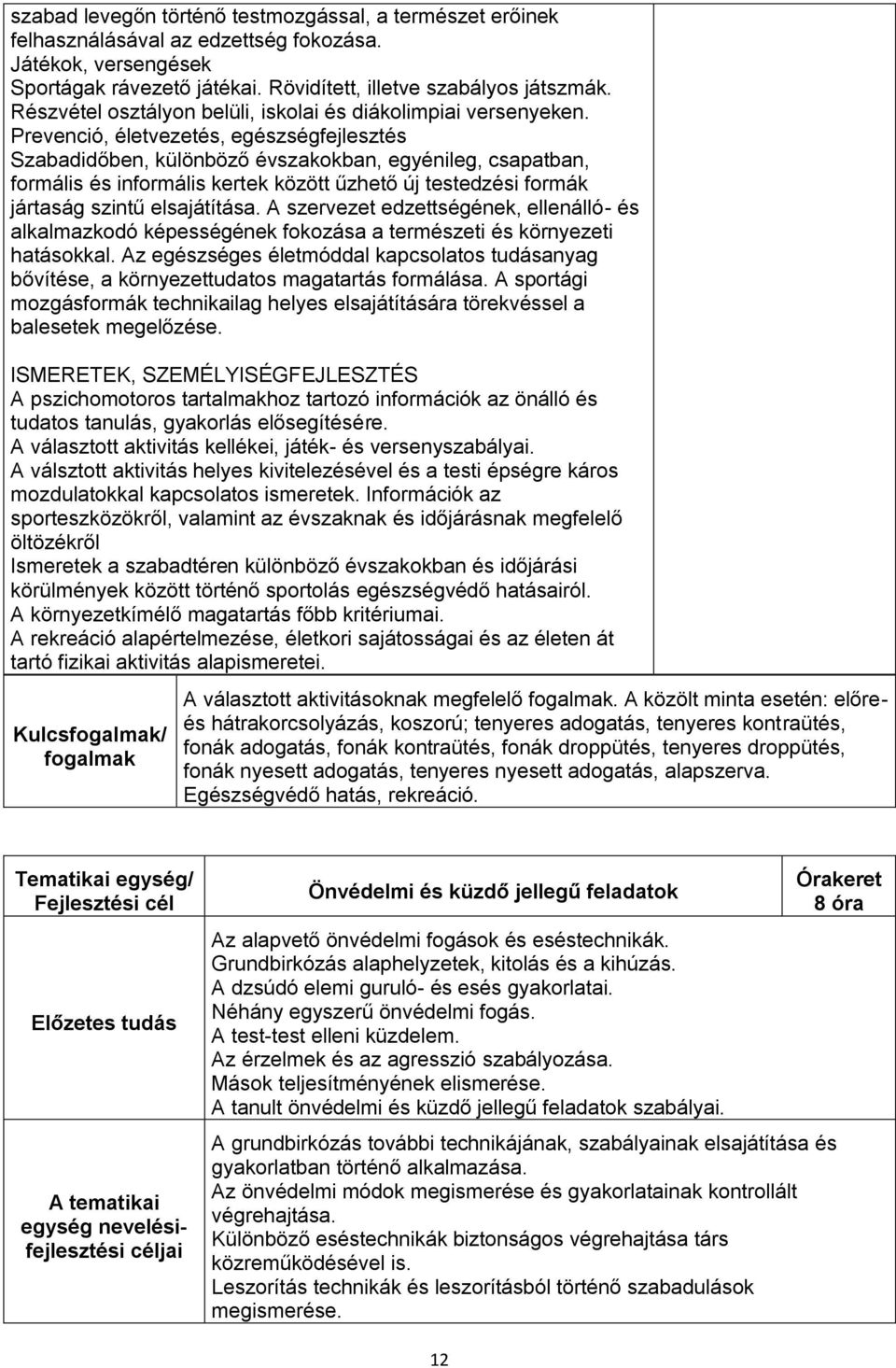 Prevenció, életvezetés, egészségfejlesztés Szabadidőben, különböző évszakokban, egyénileg, csapatban, formális és informális kertek között űzhető új testedzési formák jártaság szintű elsajátítása.