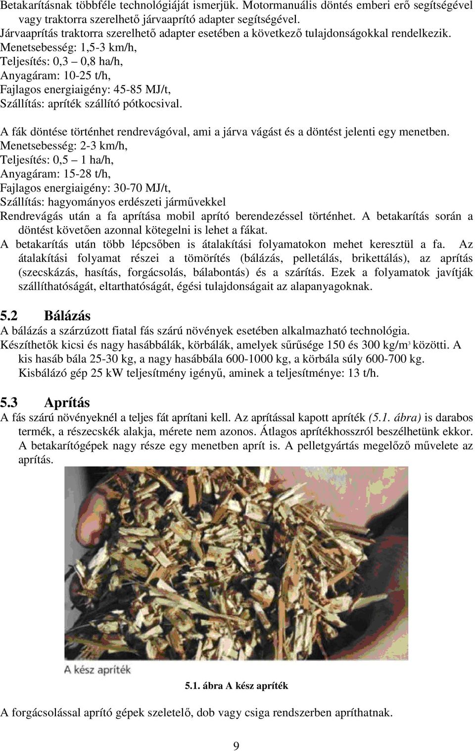 Menetsebesség: 1,5-3 km/h, Teljesítés: 0,3 0,8 ha/h, Anyagáram: 10-25 t/h, Fajlagos energiaigény: 45-85 MJ/t, Szállítás: apríték szállító pótkocsival.