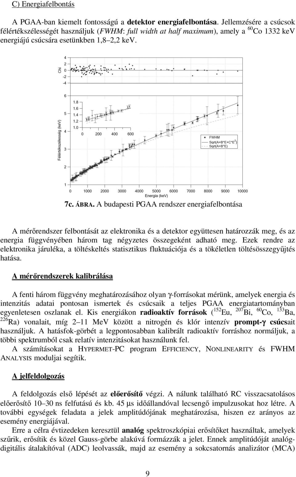 A budapesti PGAA rendszer energiafelbontása A mérőrendszer felbontását az elektronika és a detektor együttesen határozzák meg, és az energia függvényében három tag négyzetes összegeként adható meg.