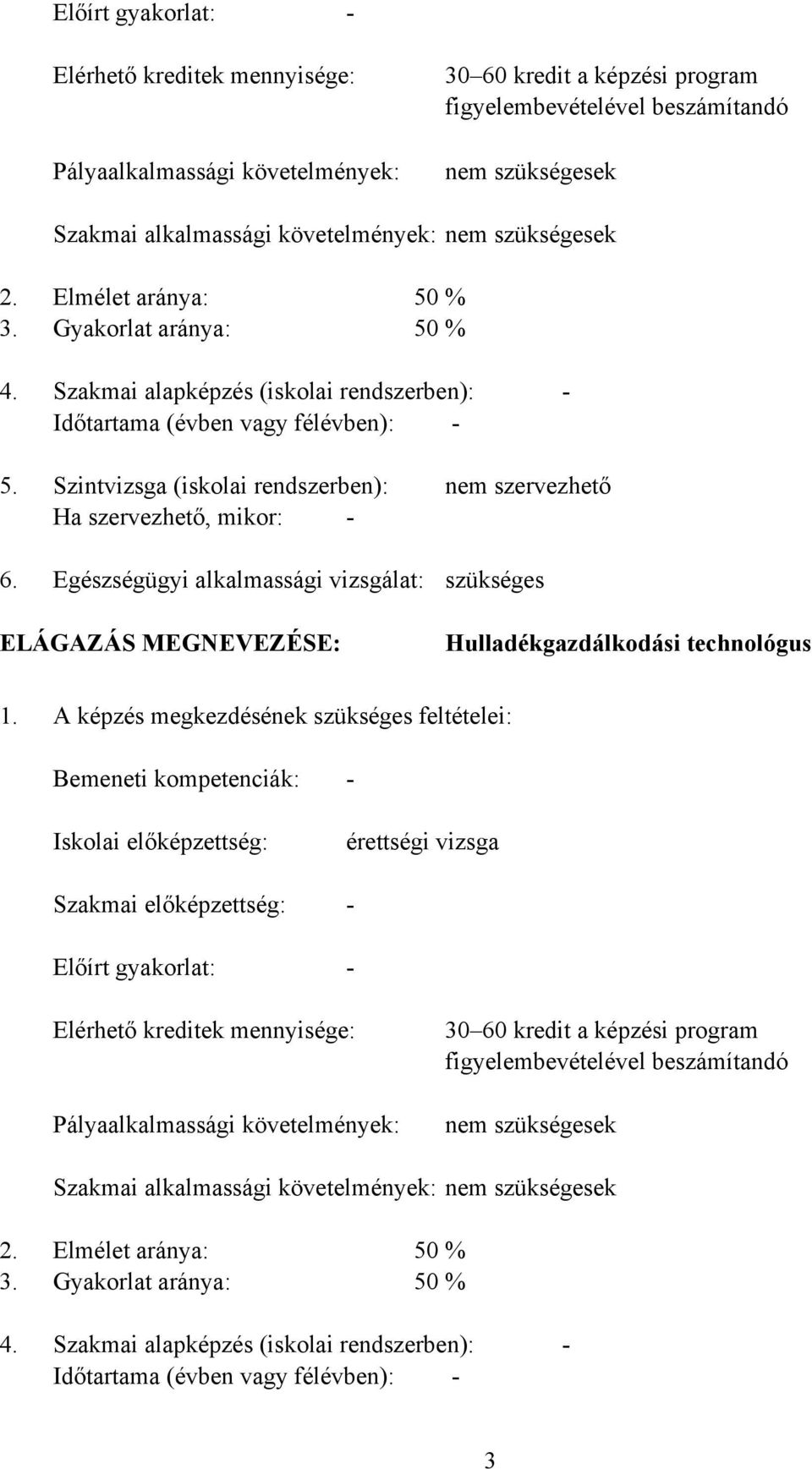 Szintvizsga (iskolai rendszerben): Ha szervezhető, mikor: - Egészségügyi alkalmassági vizsgálat: nem szervezhető szükséges ELÁGAZÁS MEGNEVEZÉSE: Hulladékgazdálkodási technológus 1.