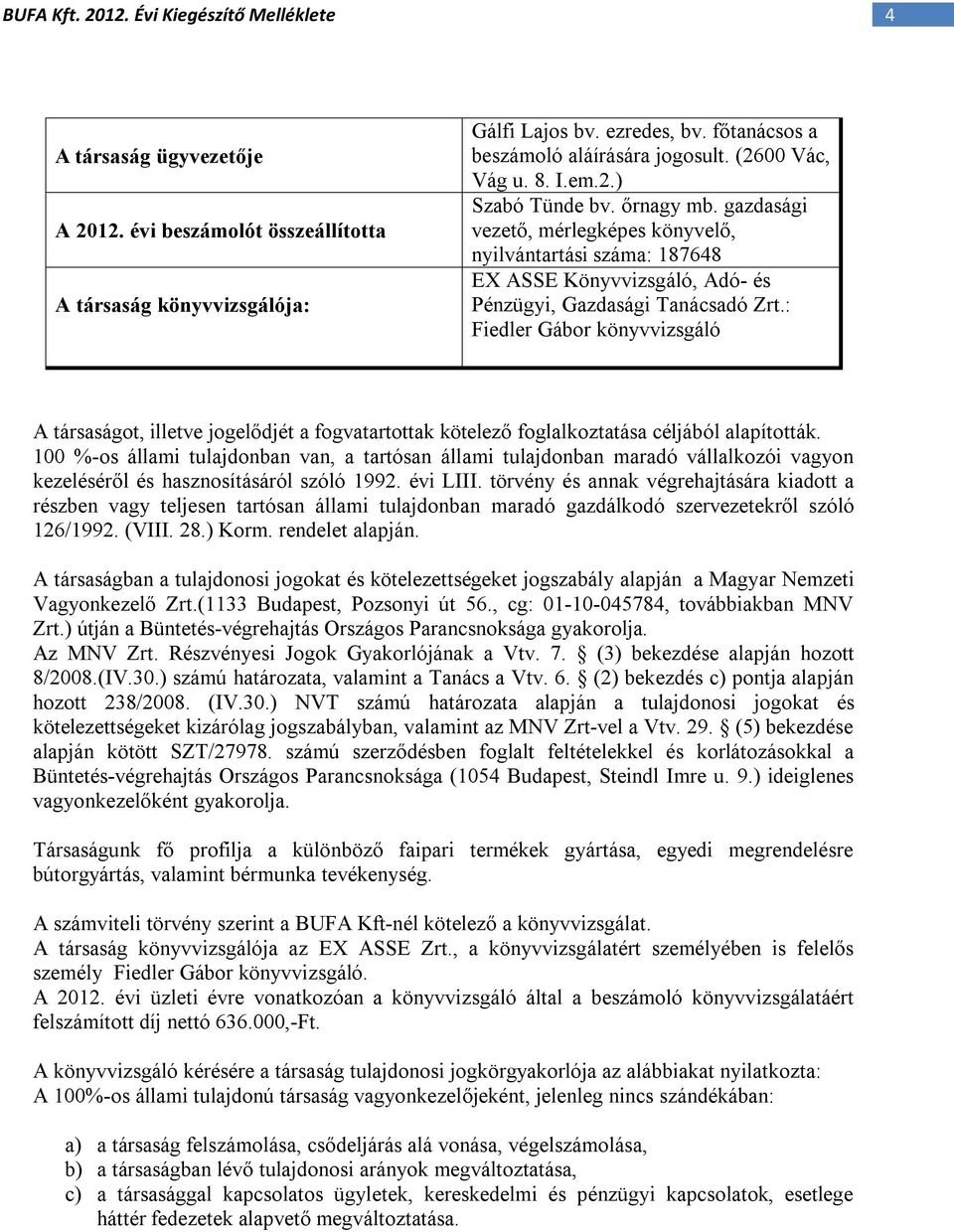 : Fiedler Gábor könyvvizsgáló A társaságot, illetve jogelődjét a fogvatartottak kötelező foglalkoztatása céljából alapították.