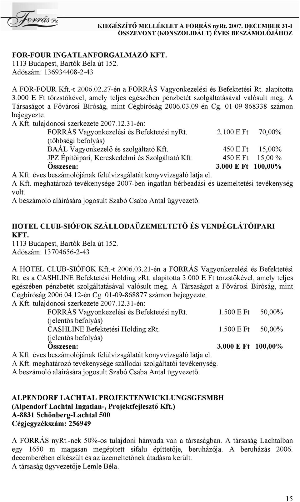 tulajdonosi szerkezete 2007.12.31-én: FORRÁS Vagyonkezelési és Befektetési nyrt. 2.100 E Ft 70,00% (többségi befolyás) BAÁL Vagyonkezelő és szolgáltató Kft.