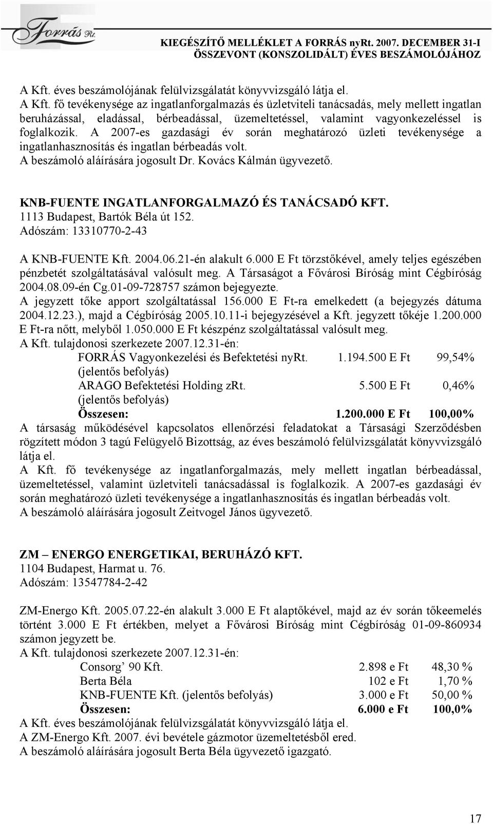 A 2007-es gazdasági év során meghatározó üzleti tevékenysége a ingatlanhasznosítás és ingatlan bérbeadás volt. A beszámoló aláírására jogosult Dr. Kovács Kálmán ügyvezető.