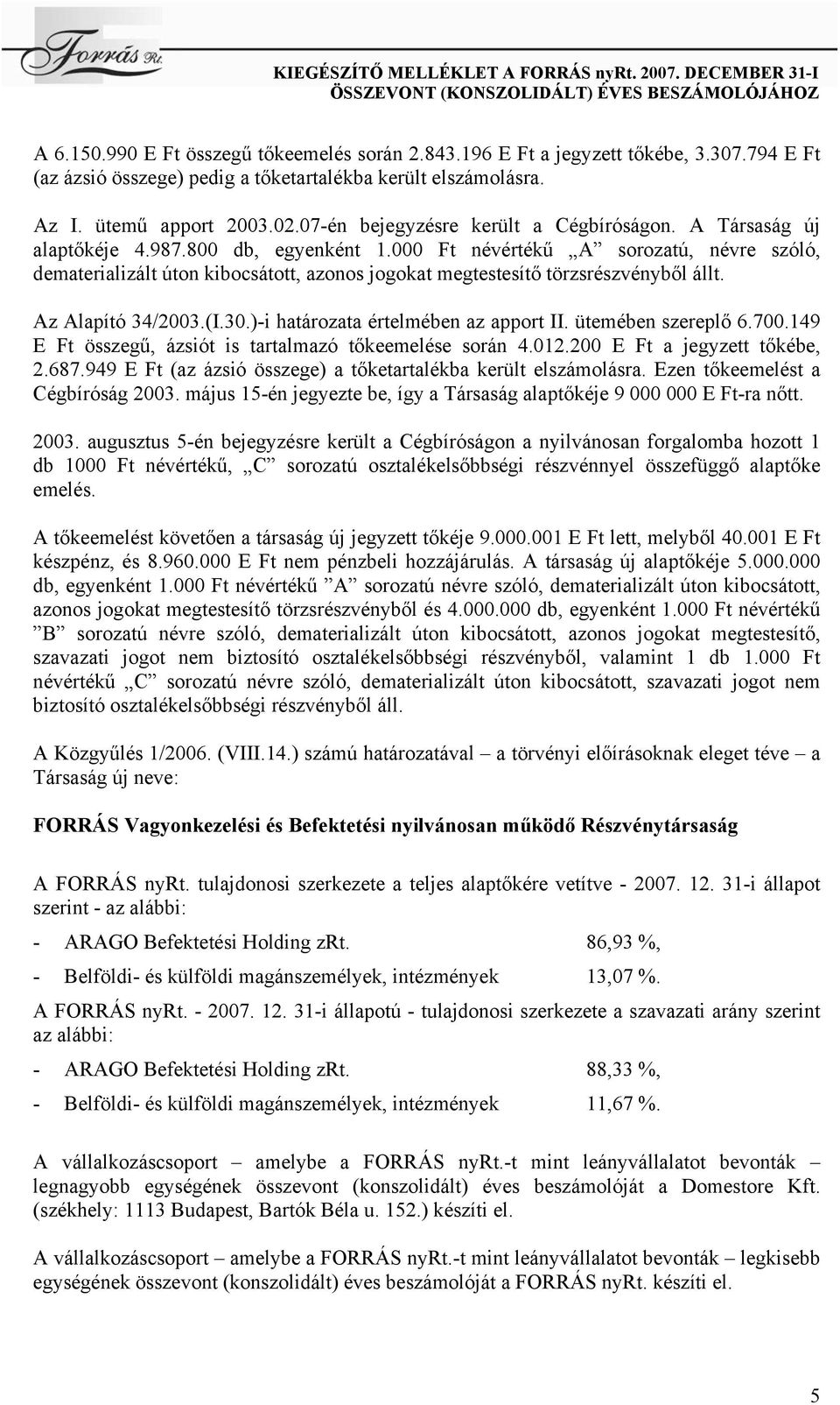 000 Ft névértékű A sorozatú, névre szóló, dematerializált úton kibocsátott, azonos jogokat megtestesítő törzsrészvényből állt. Az Alapító 34/2003.(I.30.)-i határozata értelmében az apport II.