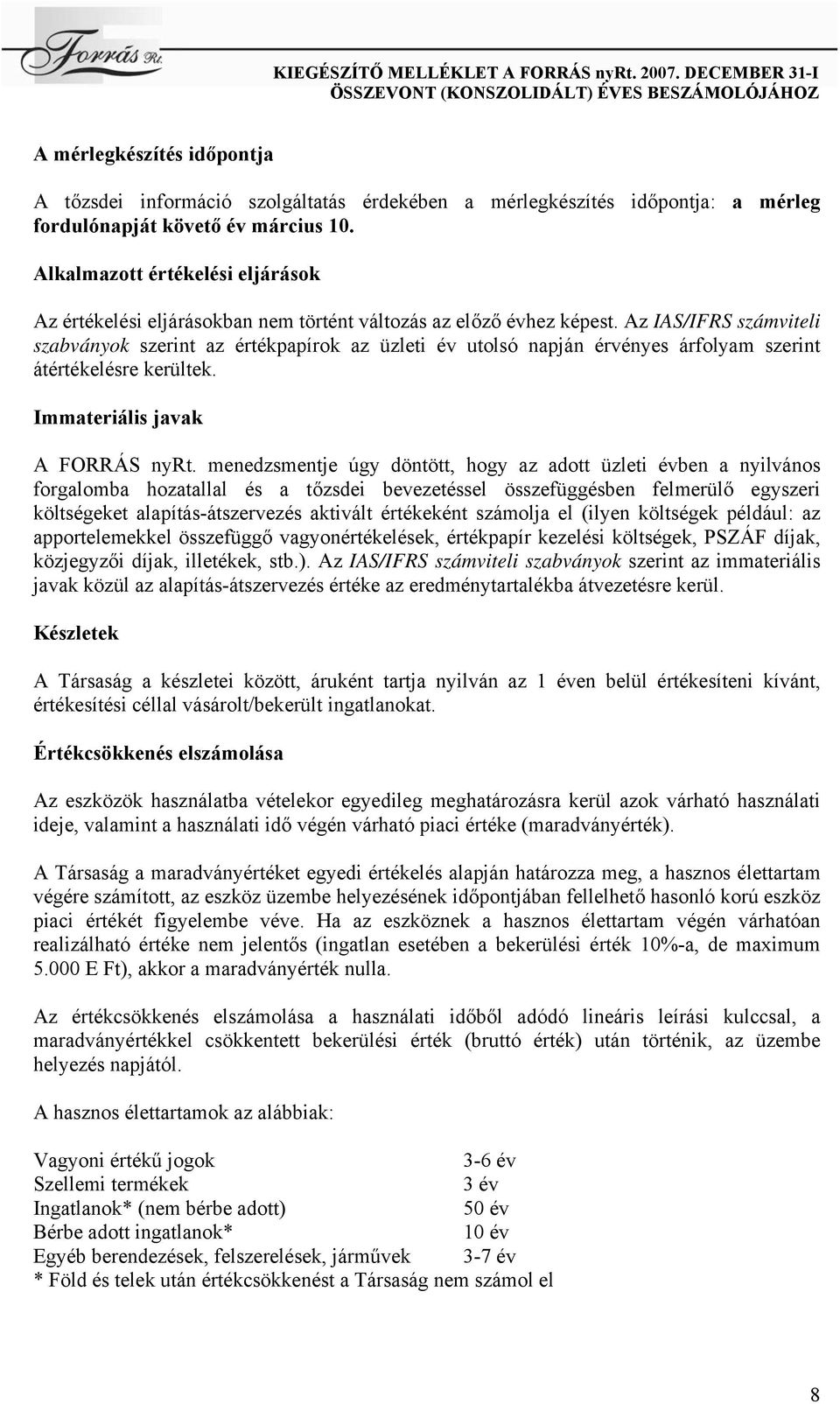 Az IAS/IFRS számviteli szabványok szerint az értékpapírok az üzleti év utolsó napján érvényes árfolyam szerint átértékelésre kerültek. Immateriális javak A FORRÁS nyrt.