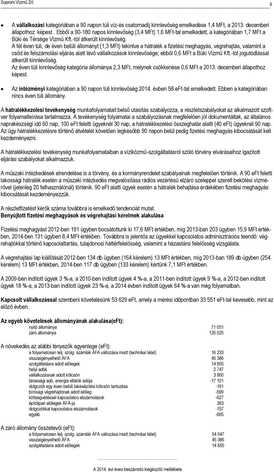 A fél éven túli, de éven belüli állományt (1,3 MFt) tekintve a hátralék a fizetési meghagyás, végrehajtás, valamint a csőd és felszámolási eljárás alatt lévő vállalkozások kinnlevősége, ebből 0,6 MFt