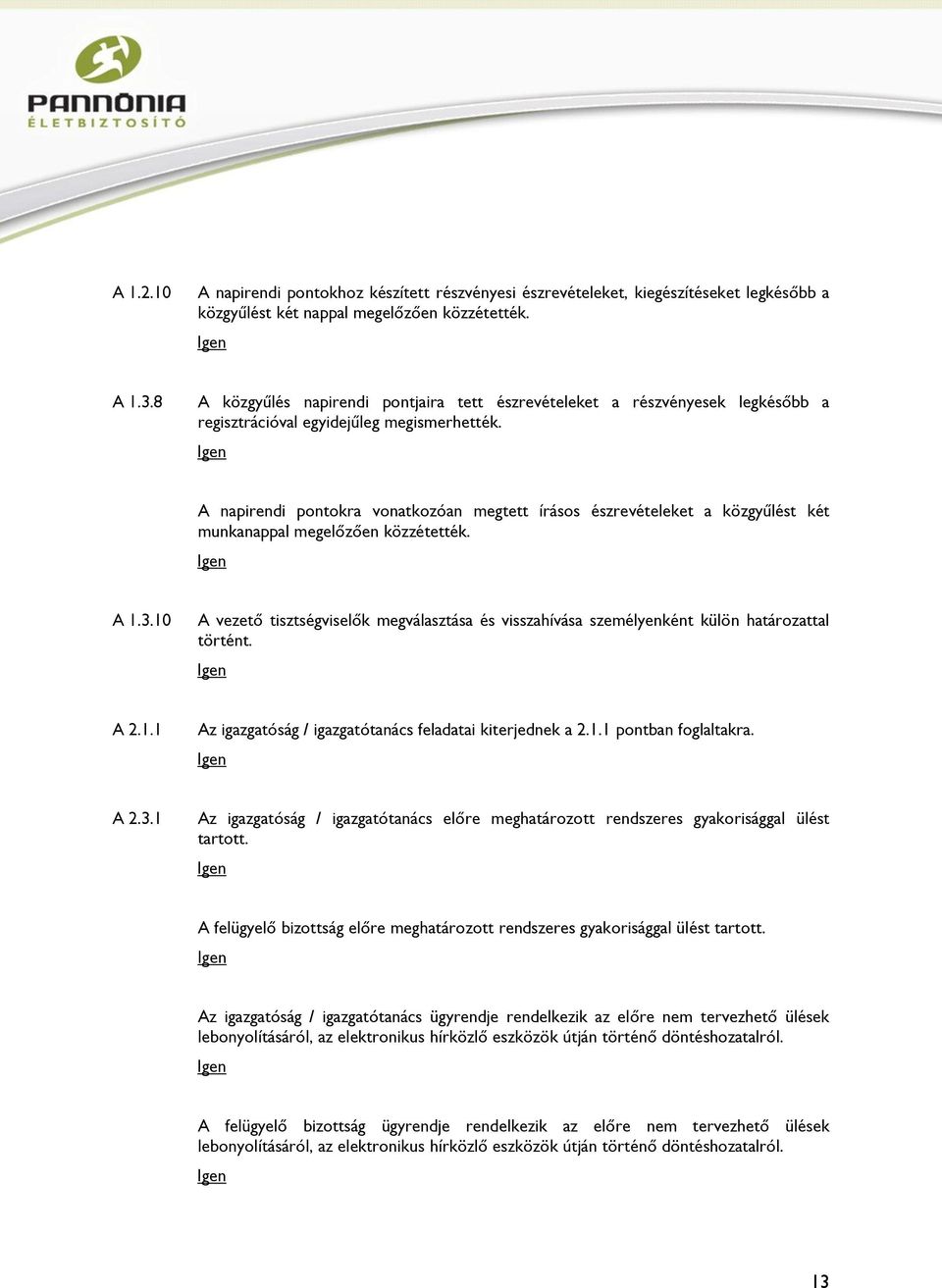 A napirendi pontokra vonatkozóan megtett írásos észrevételeket a közgyűlést két munkanappal megelőzően közzétették. A 1.3.