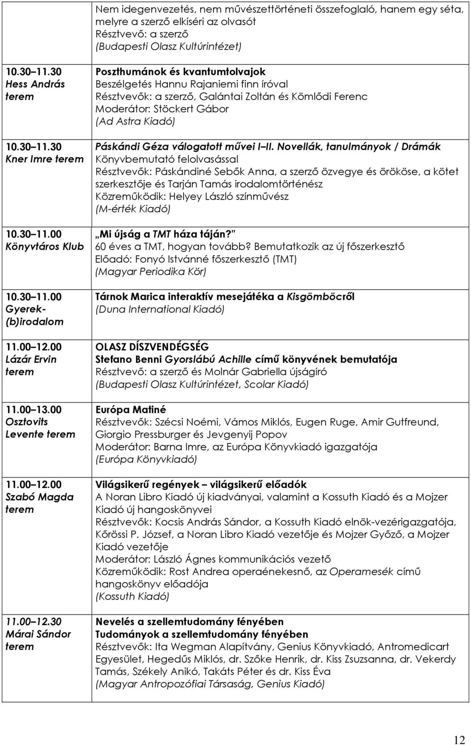 30 Márai Sándor Poszthumánok és kvantumtolvajok Beszélgetés Hannu Rajaniemi finn íróval Résztvevık: a szerzı, Galántai Zoltán és Kömlıdi Ferenc Moderátor: Stöckert Gábor (Ad Astra Kiadó) Páskándi