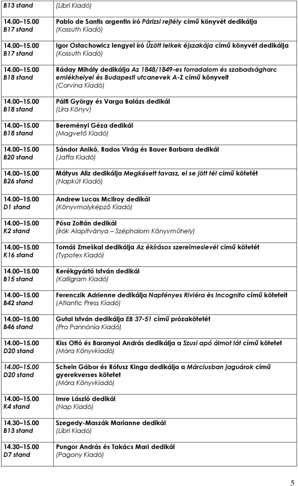 00 Pablo de Santis argentin író Párizsi rejtély című könyvét dedikálja Igor Ostachowicz lengyel író Űzött lelkek éjszakája című könyvét dedikálja Ráday Mihály dedikálja Az 1848/1849-es forradalom és