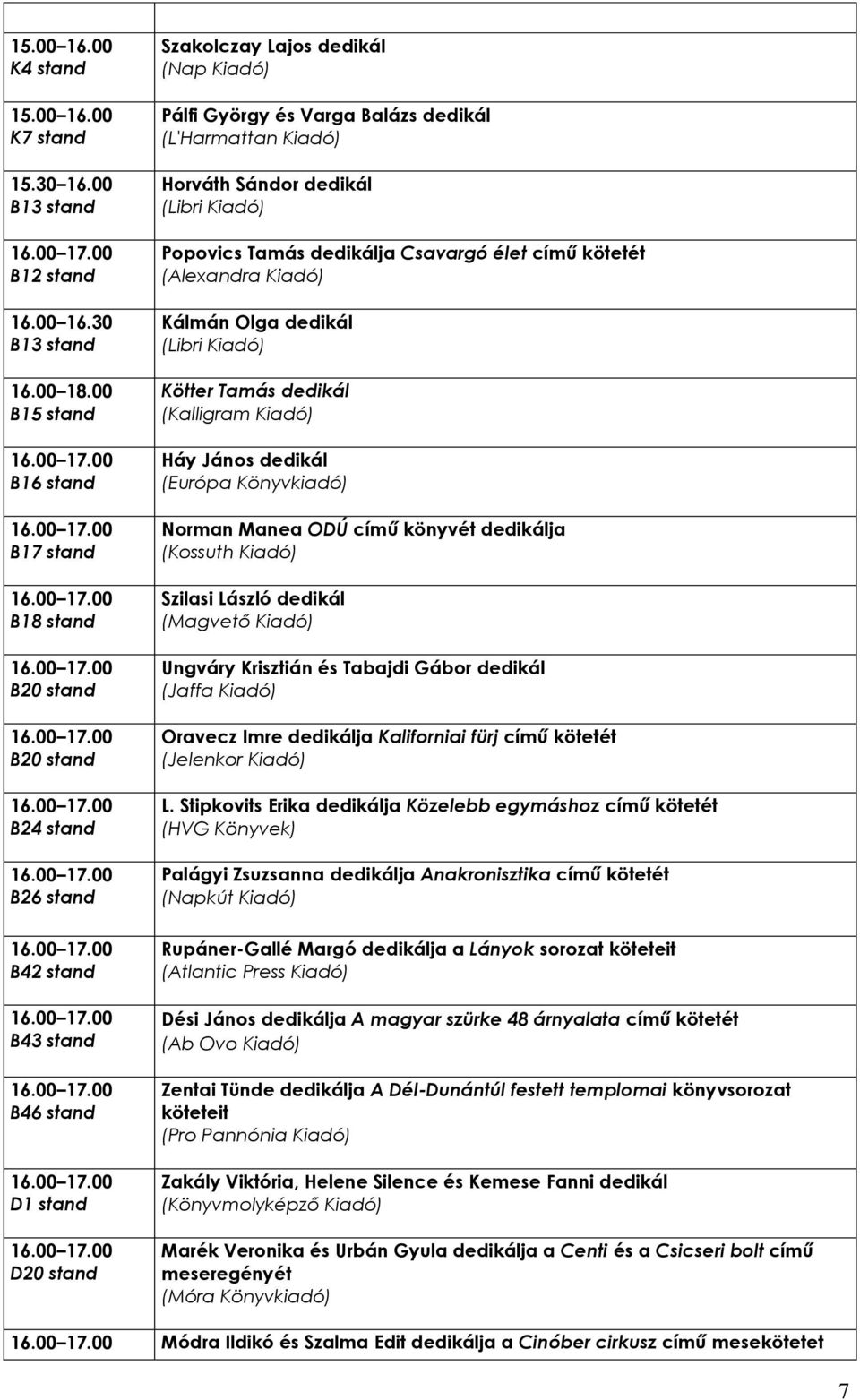 (Alexandra Kiadó) Kálmán Olga dedikál Kötter Tamás dedikál Háy János dedikál (Európa Könyvkiadó) Norman Manea ODÚ című könyvét dedikálja Szilasi László dedikál Ungváry Krisztián és Tabajdi Gábor