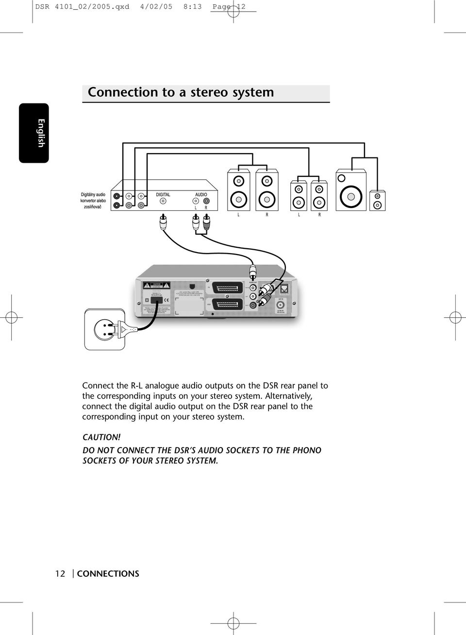 the DSR rear panel to the corresponding inputs on your stereo system.