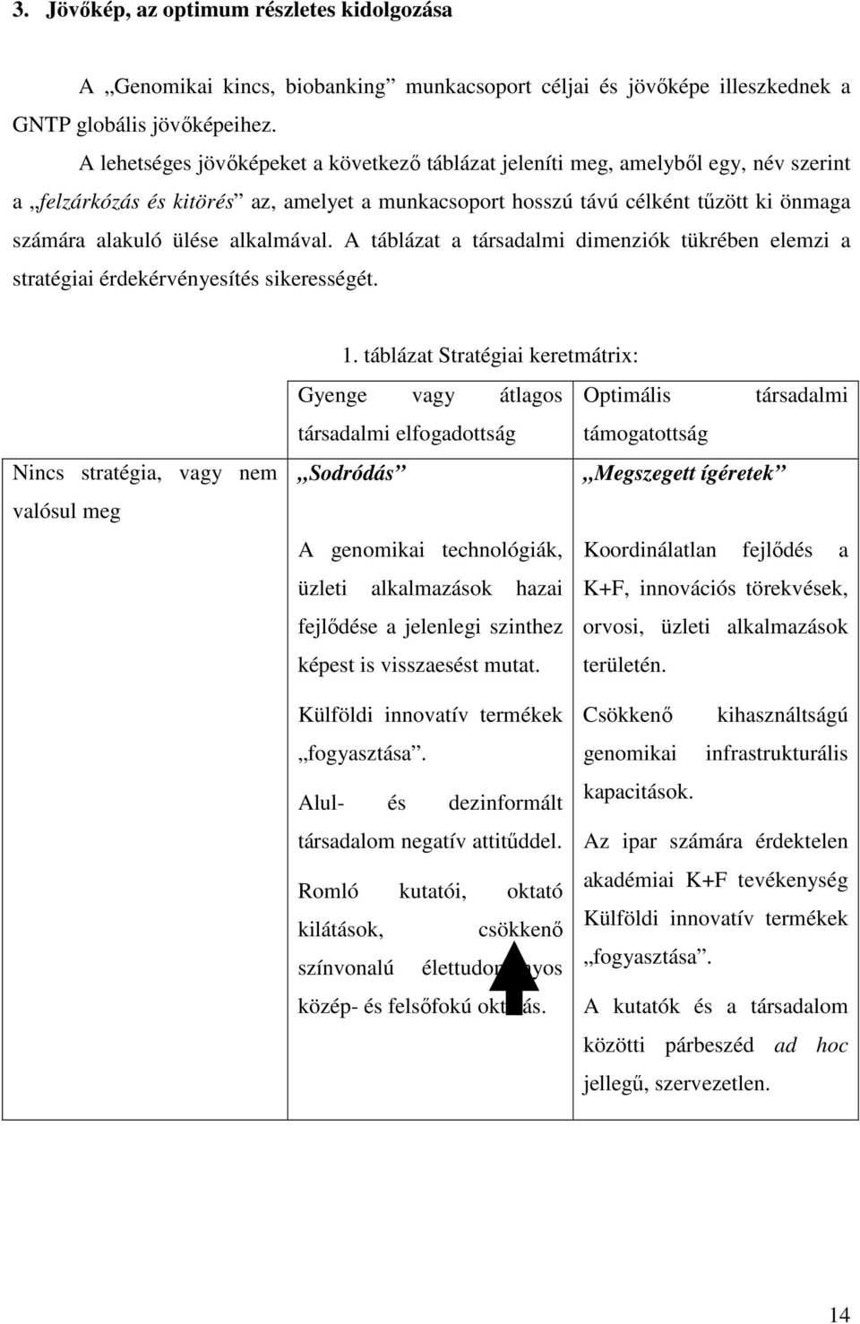 alkalmával. A táblázat a társadalmi dimenziók tükrében elemzi a stratégiai érdekérvényesítés sikerességét. Nincs stratégia, vagy nem valósul meg 1.