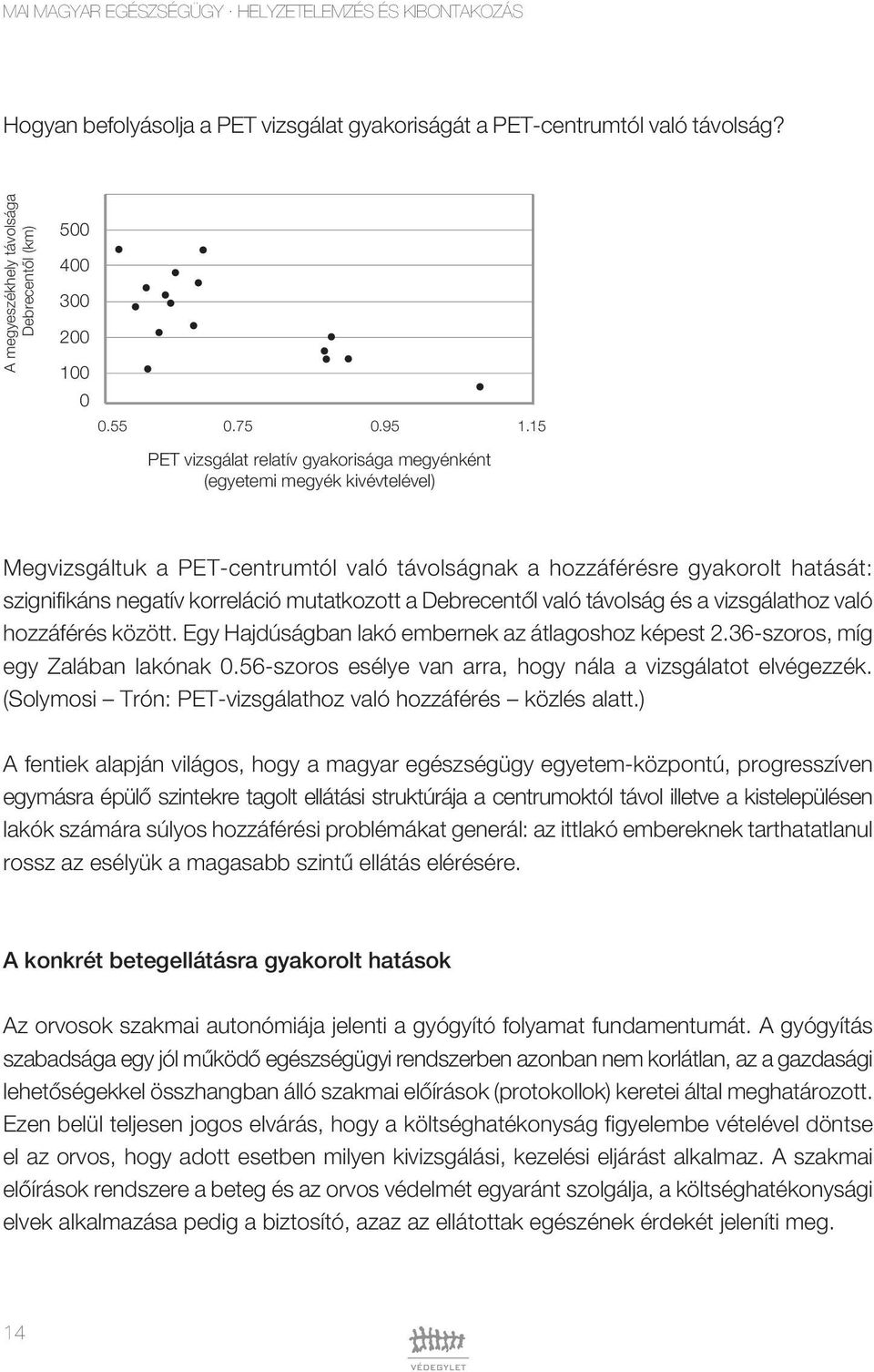 15 PET vizsgálat relatív gyakorisága megyénként (egyetemi megyék kivévtelével) Megvizsgáltuk a PET-centrumtól való távolságnak a hozzáférésre gyakorolt hatását: szignifikáns negatív korreláció