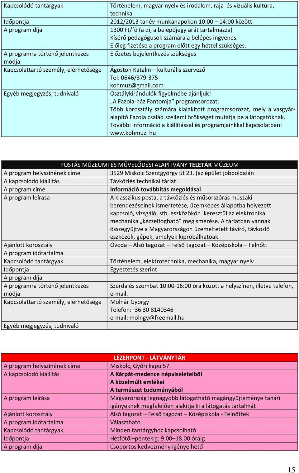 Előzetes bejelentkezés szükséges A programra történő jelentkezés Kapcsolattartó személy, elérhetősége Ágoston Katalin kulturális szervező Tel: 0646/379-375 kohmuz@gmail.