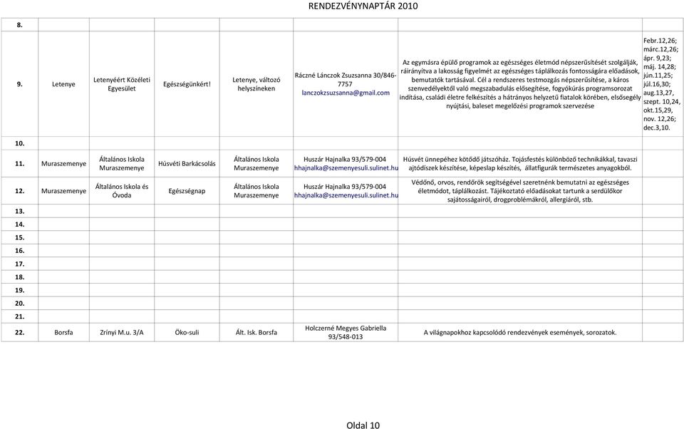 Cél a rendszeres testmozgás népszerűsítése, a káros szenvedélyektől való megszabadulás elősegítése, fogyókúrás programsorozat indítása, családi életre felkészítés a hátrányos helyzetű fiatalok