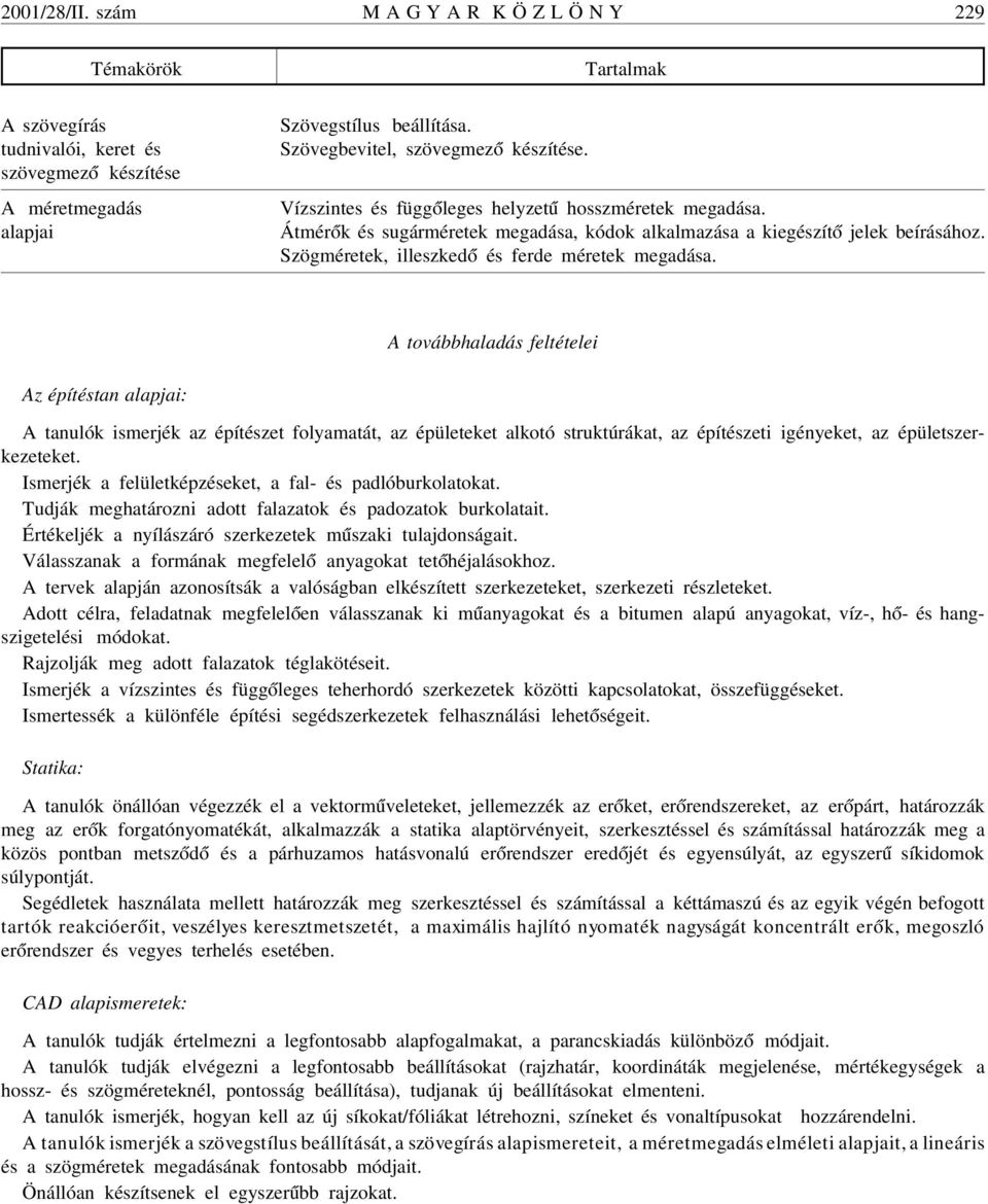 A továbbhaladás feltételei Az építéstan alapjai: A tanulók ismerjék az építészet folyamatát, az épületeket alkotó struktúrákat, az építészeti igényeket, az épületszerkezeteket.