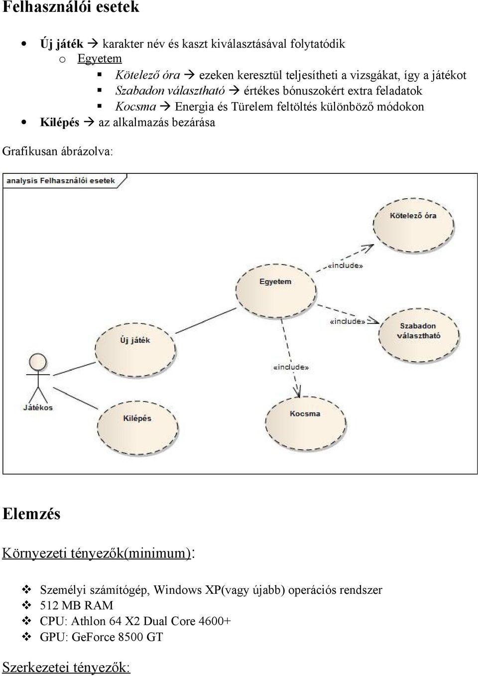 feltöltés különböző módokon Kilépés az alkalmazás bezárása Grafikusan ábrázolva: Elemzés Környezeti tényezők(minimum): Személyi