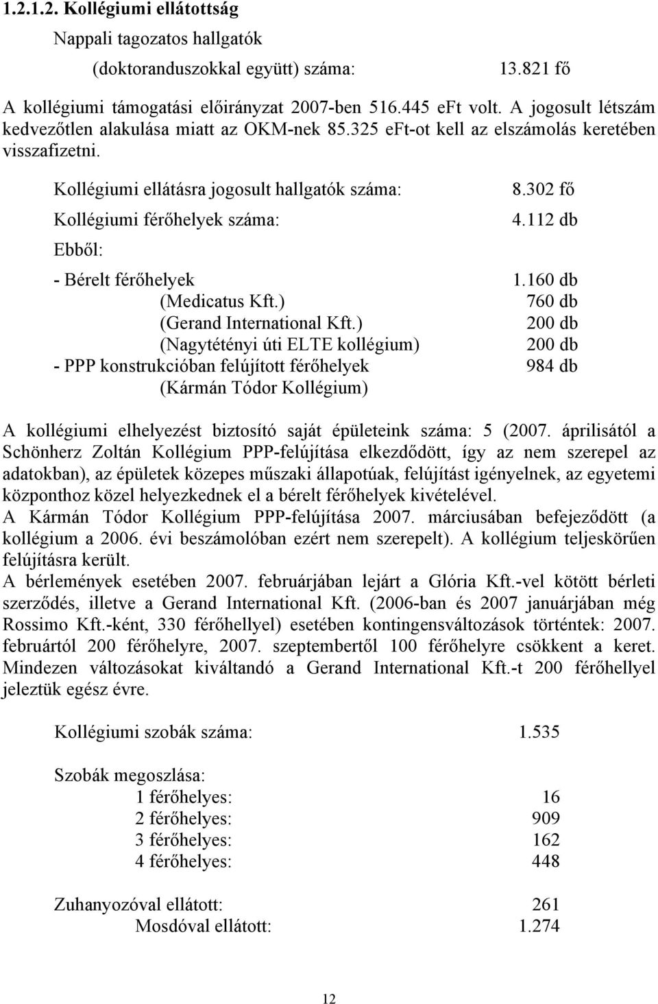 302 fő Kollégiumi férőhelyek száma: 4.112 db Ebből: - Bérelt férőhelyek 1.160 db (Medicatus Kft.) 760 db (Gerand International Kft.