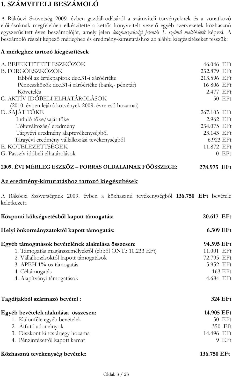 jelen közhasznúsági jelentés 1. számú mellékletét képezi. A beszámoló részét képező mérleghez és eredmény-kimutatáshoz az alábbi kiegészítéseket tesszük: A mérleghez tartozó kiegészítések A.