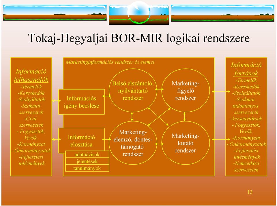 tanulmányok Belső elszámoló, nyilántartó rendszer Marketingelemző, döntéstámogató rendszer Marketingfigyelő rendszer Marketingkutató rendszer Információ források