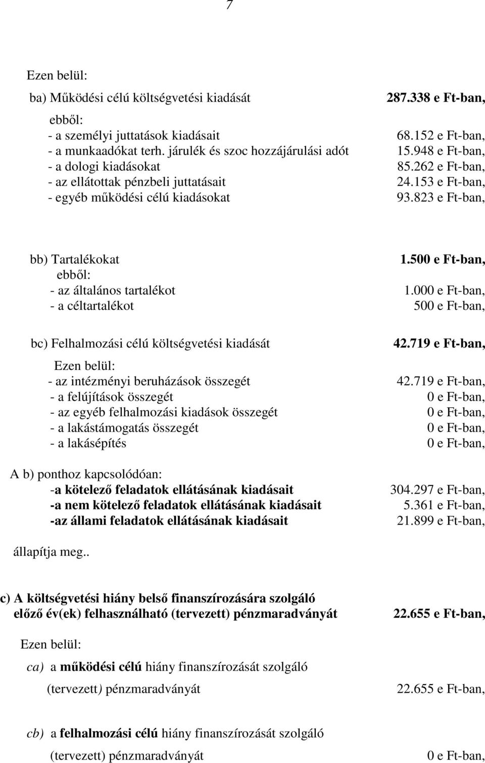 50 ebből: - az általános tartalékot 1.00 - a céltartalékot 50 bc) Felhalmozási célú költségvetési kiadását 42.719 e Ft-ban, - az intézményi beruházások összegét 42.