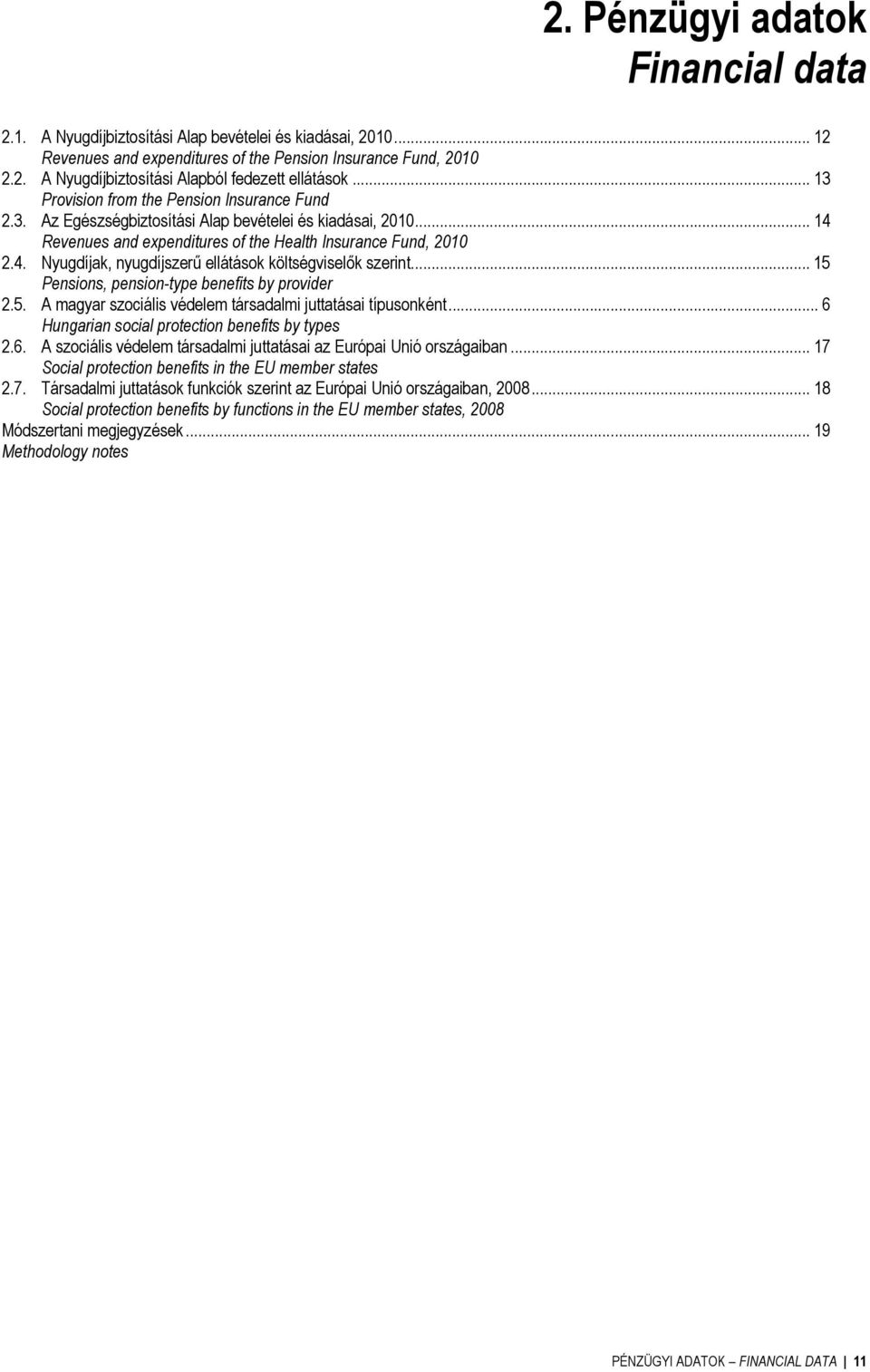 .. 15 Pensions, pension-type benefits by provider 2.5. A magyar szociális védelem társadalmi juttatásai típusonként... 6 Hungarian social protection benefits by types 2.6. A szociális védelem társadalmi juttatásai az Európai Unió országaiban.