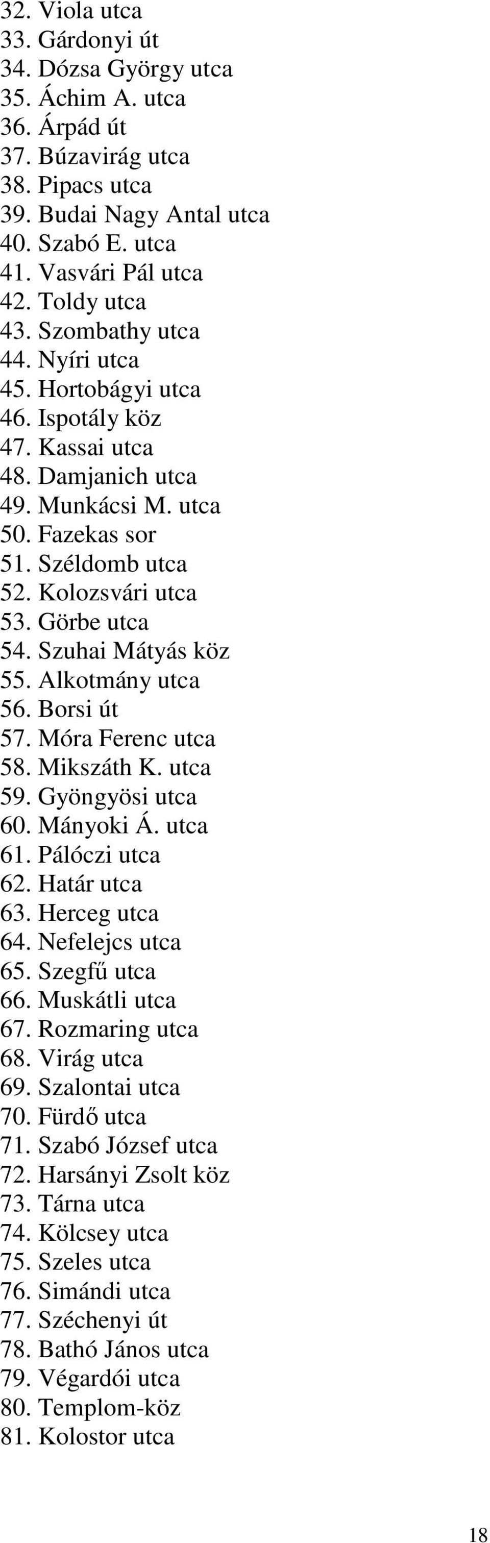 Görbe utca 54. Szuhai Mátyás köz 55. Alkotmány utca 56. Borsi út 57. Móra Ferenc utca 58. Mikszáth K. utca 59. Gyöngyösi utca 60. Mányoki Á. utca 61. Pálóczi utca 62. Határ utca 63. Herceg utca 64.