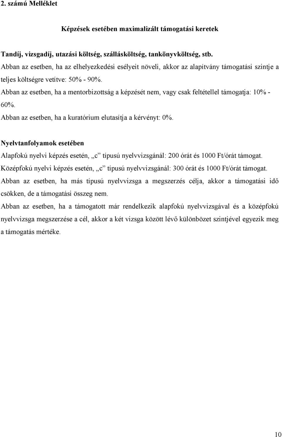 Abban az esetben, ha a mentorbizottság a képzését nem, vagy csak feltétellel támogatja: 10% - 60%. Abban az esetben, ha a kuratórium elutasítja a kérvényt: 0%.